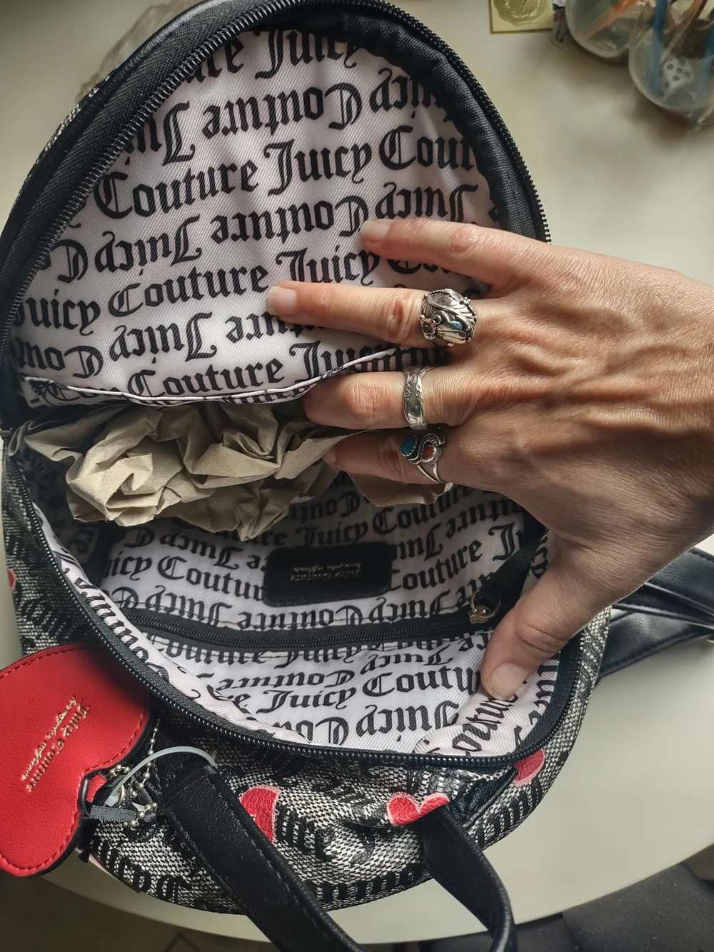 Juicy Couture Black Logo Valentine Hearts Canvas Mini Backpack Red Heart Charm